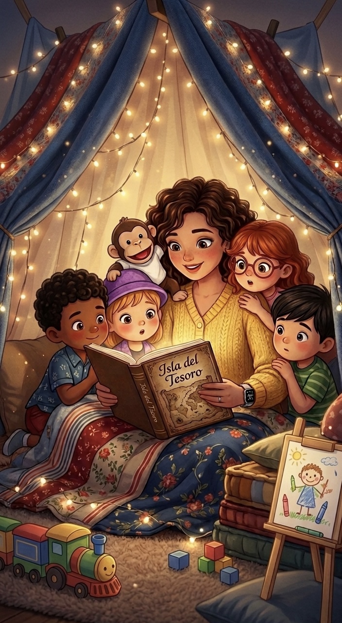 Niños en tipi con luces de guirnalda leyendo cuento La Isla del Tesoro - Miss Lina English