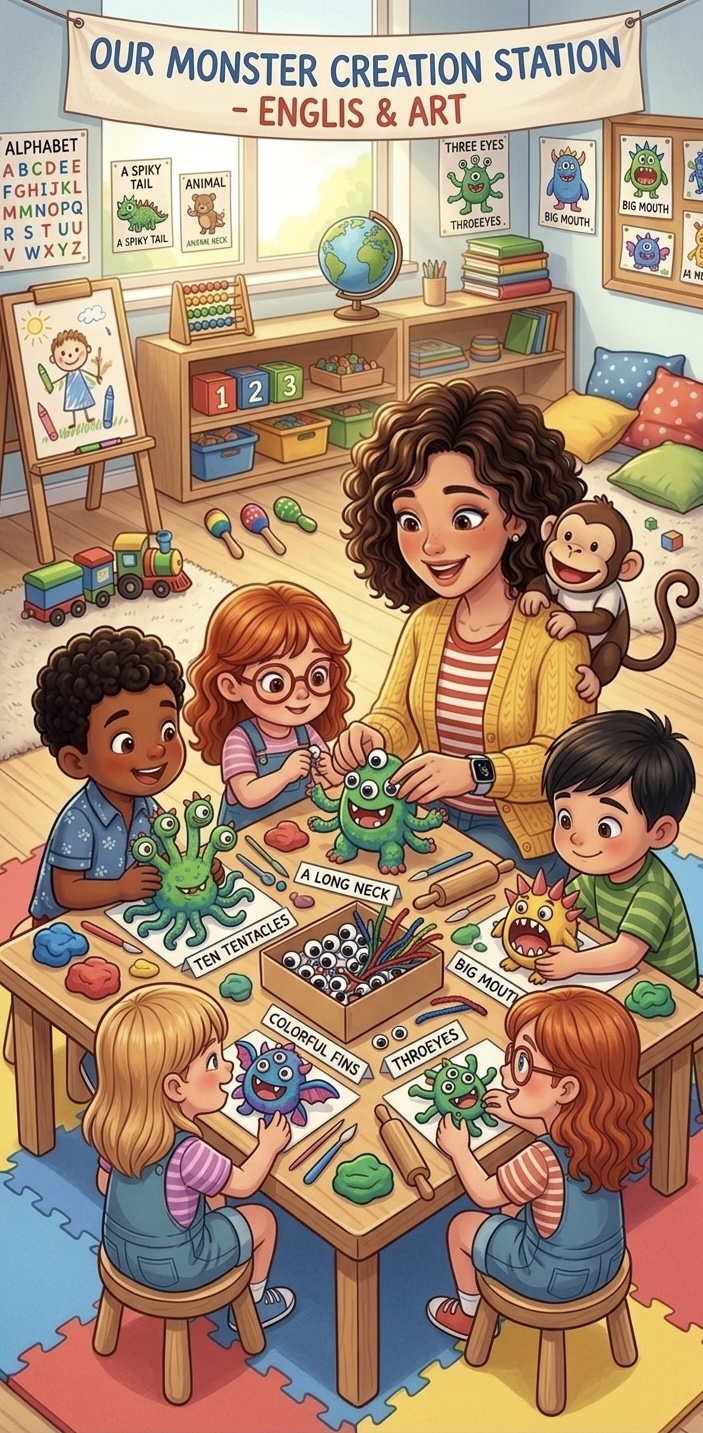Niños dibujando y haciendo actividades creativas con Miss Lina en el aula - Cubelles